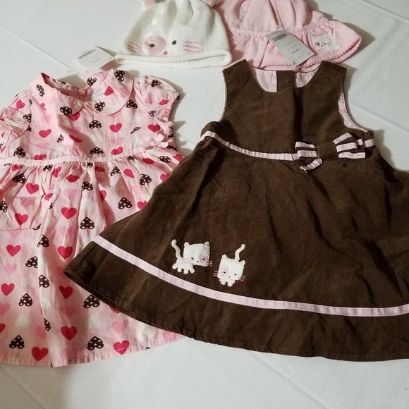 Gymboree Nice Kitty 6-12 month 2 NWT dresses & diaper covers with 2 12-18 hats.